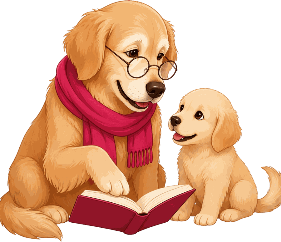 Leopold, a wise older dog with reading glasses and a red scarf, reading with a puppy