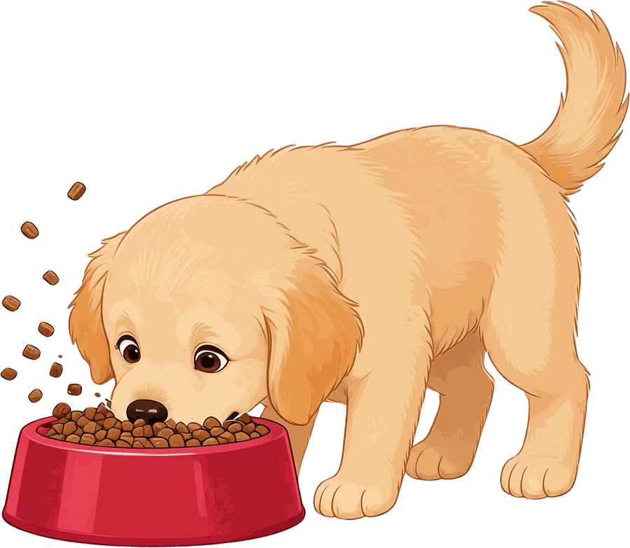 Puppy eating from a red bowl